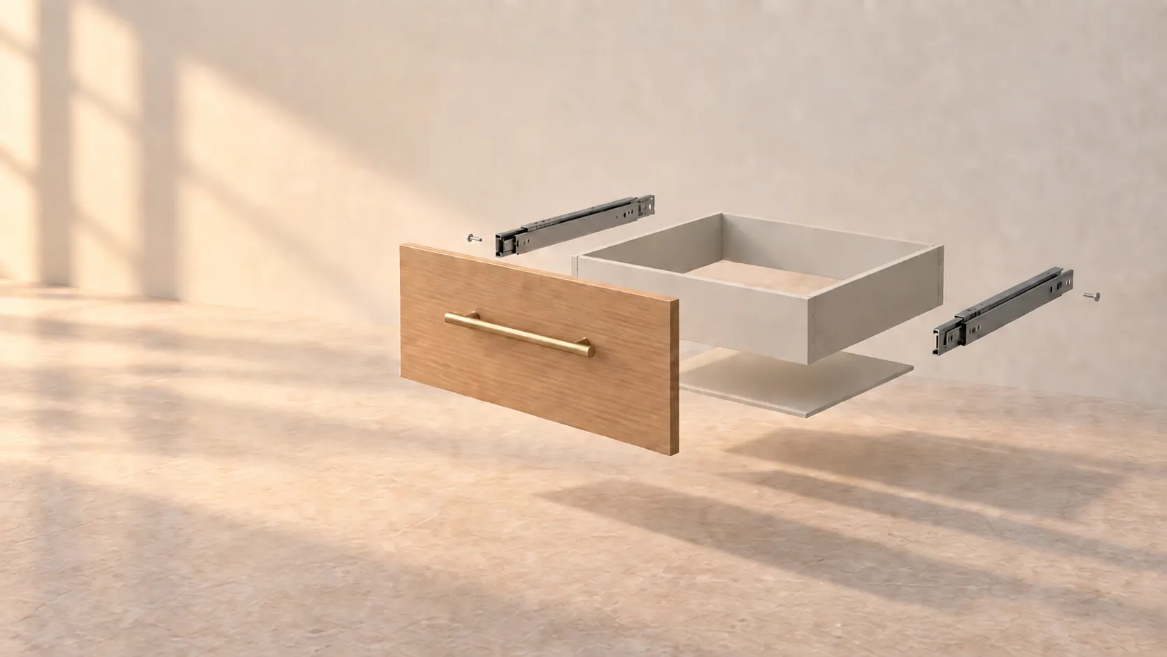 An exploded view of a drawer showing its real front, box, base panel, runners and handle