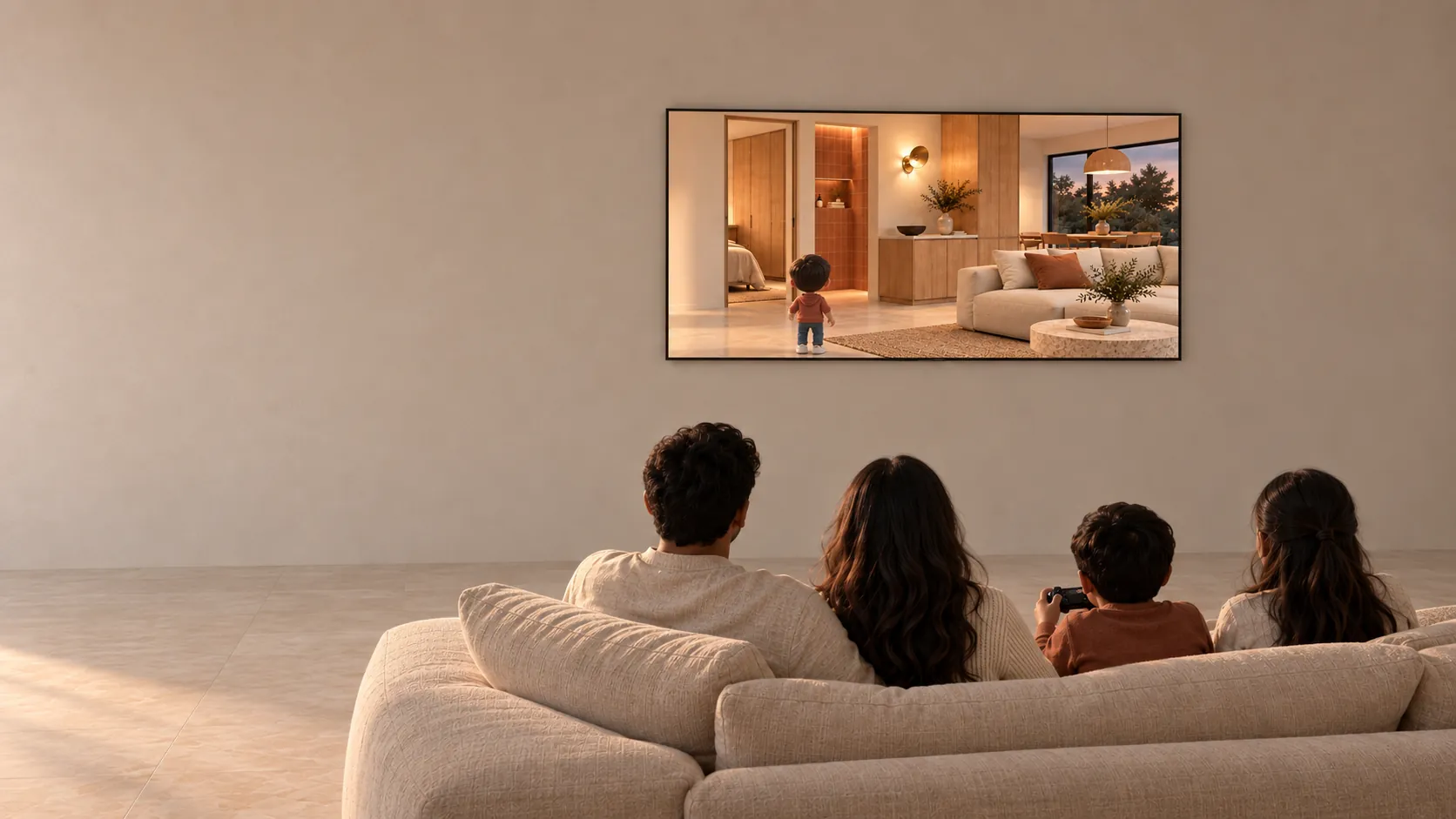 A family previewing their finished home together on a big screen