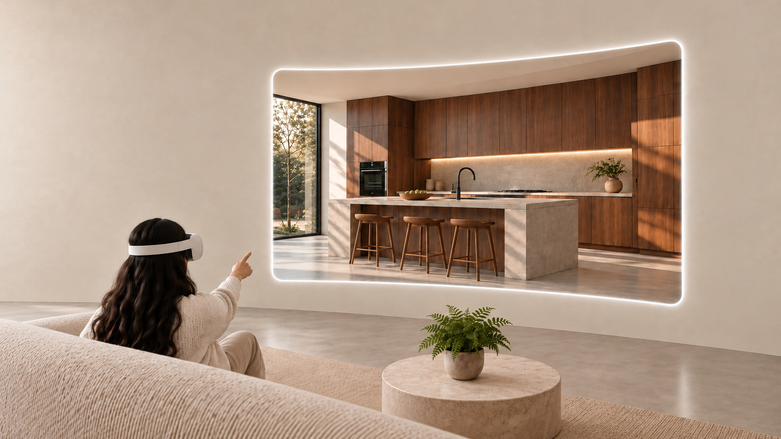 Previewing a finished kitchen through the walkable model before it's built